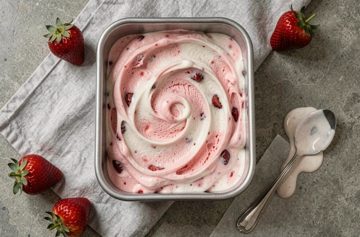 Vue de dessus d'une glace maison à la fraise crémeuse dans un moule à cake en métal entouré de fraises fraîches
