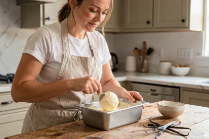 Femme versant une glace maison crémeuse à la vanille dans un bol en céramique sur un plan de travail en bois rustique