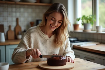 Femme souriante coupant un gâteau au chocolat dans une cuisine chaleureuse