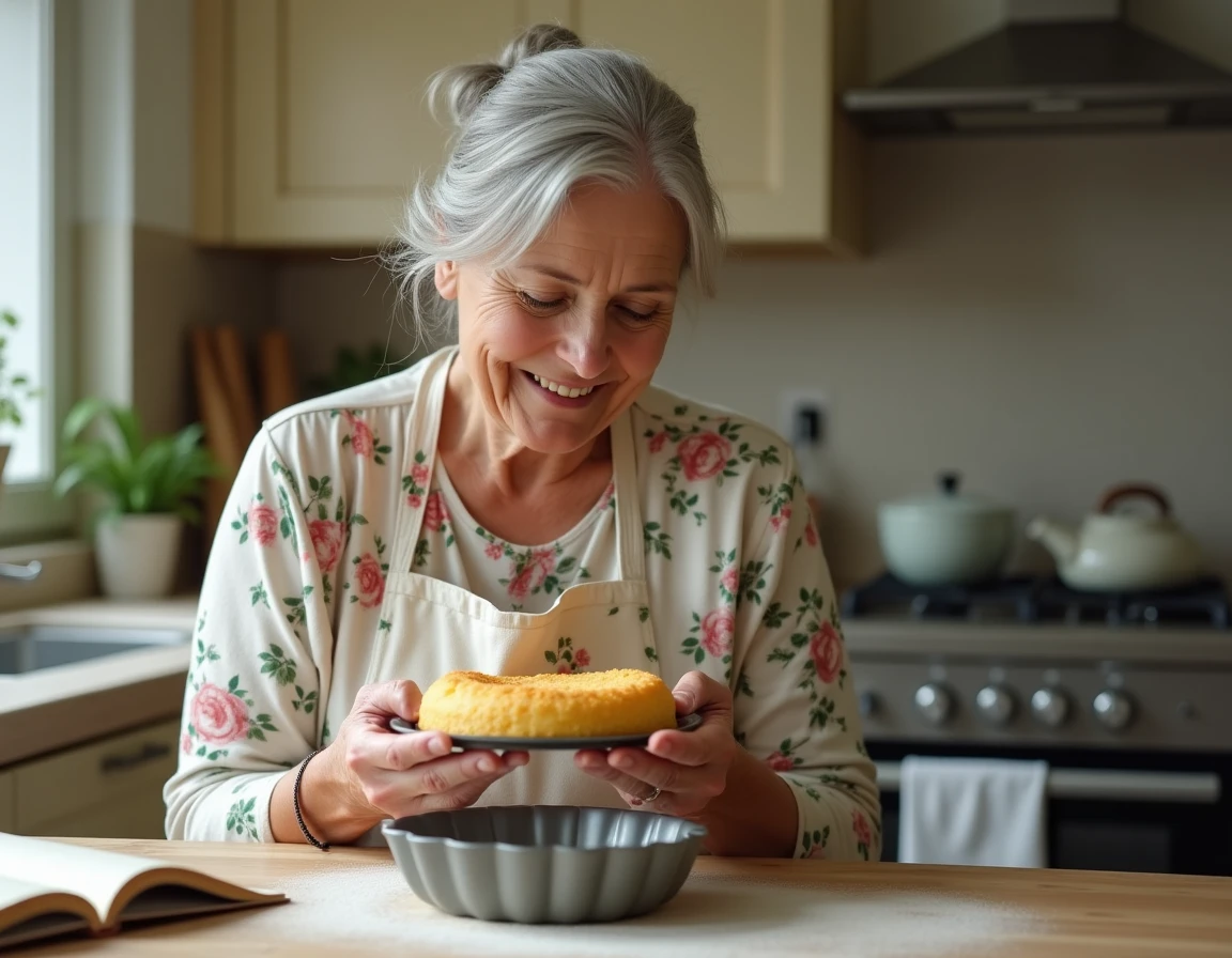 Grand-mère souriante démoulant un gâteau au yaourt dans une cuisine familiale chaleureuse
