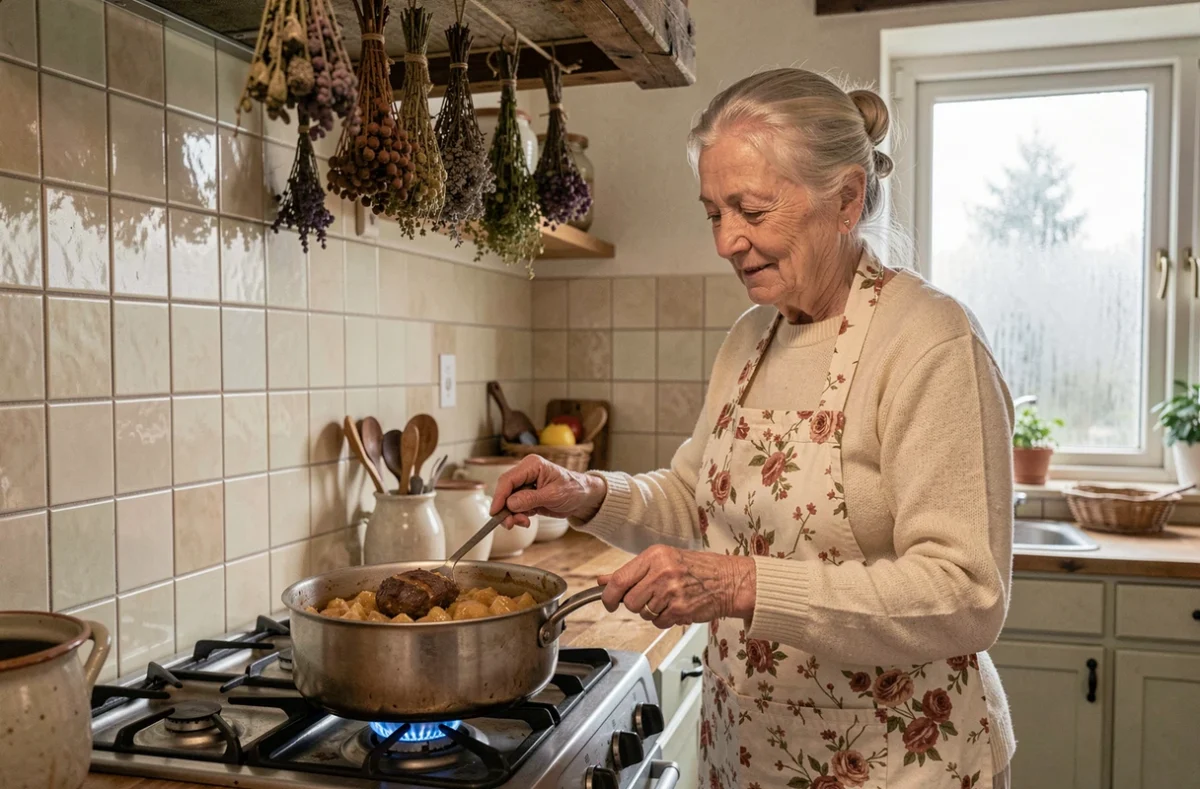 Grand-mère belge en tablier floral remuant une carbonade flamande sur une cuisinière à gaz dans une vieille cuisine de ferme en hiver