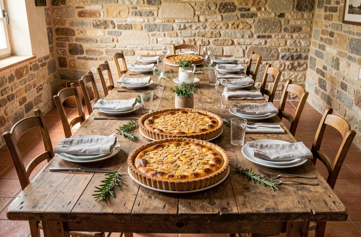 Grande tablée avec deux tartes amandines dorées posées au centre d'une table provençale dressée pour une fête familiale