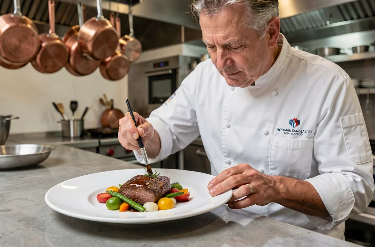 Chef de Grandsire Traiteur dressant une assiette gastronomique normande avec veau braisé, légumes de saison et réduction glacée