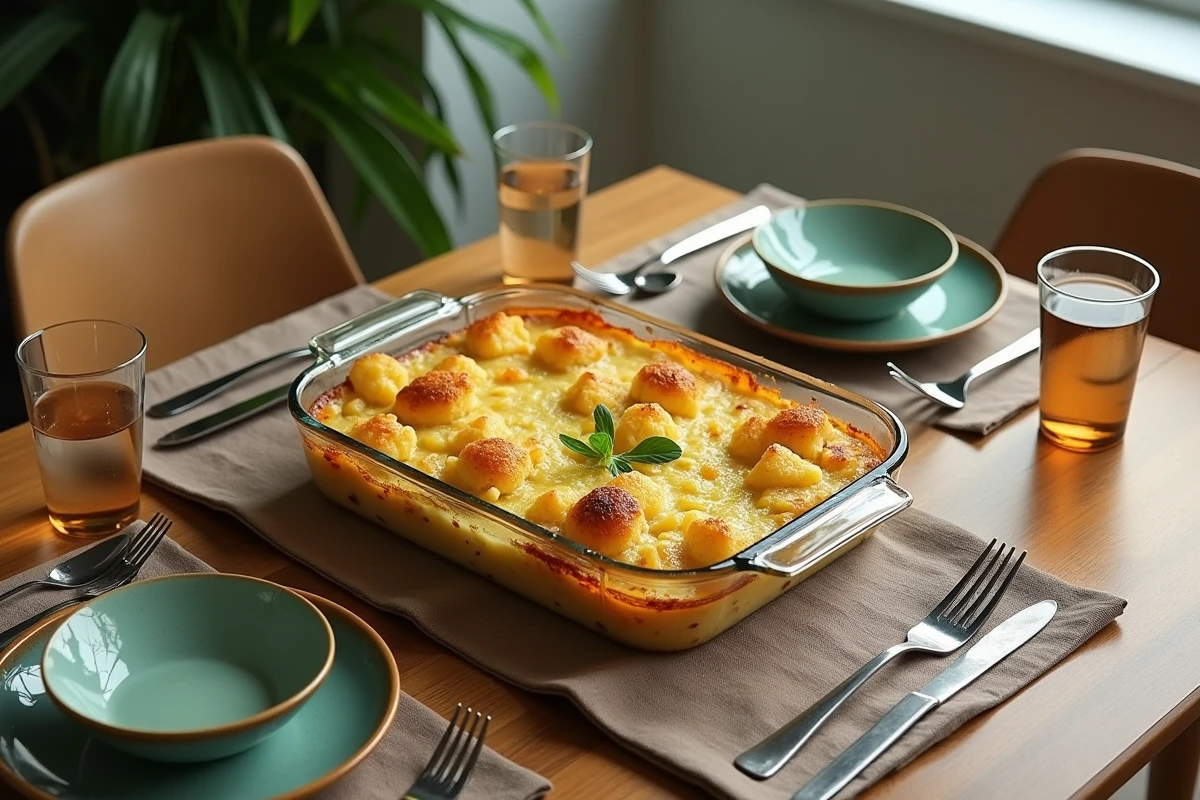 Table de dîner familial avec un gratin chou-fleur et pomme de terre au centre, assiettes et salade verte