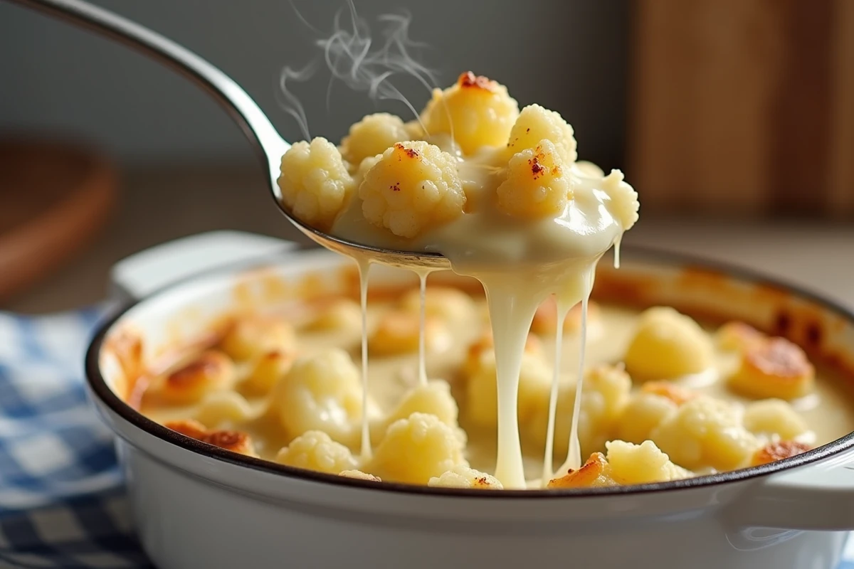 Gros plan sur une cuillerée de gratin chou-fleur pomme de terre avec fromage fondu filant