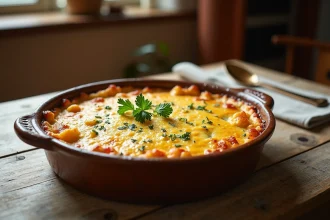 Gratin de chou-fleur et pomme de terre maison dans un plat en céramique rustique posé sur une table en bois