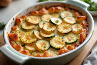 Gratin de courgettes et pommes de terre doré en haut d'un plat en céramique