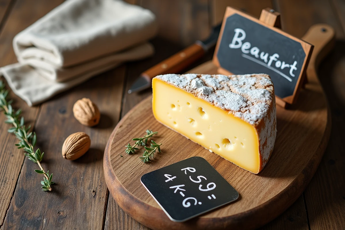 Gros plan d'un morceau de Beaufort avec ardoise de prix au kilo sur table en bois rustique
