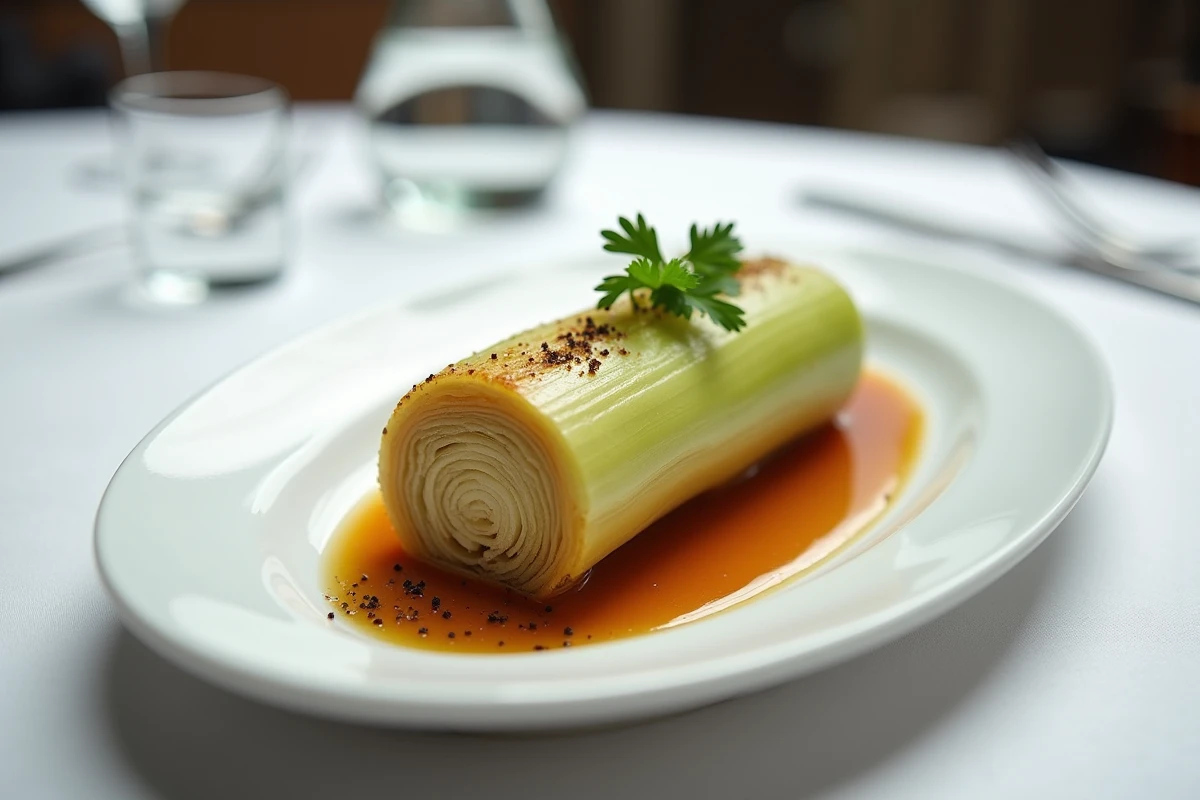 Gros plan d'un demi-poireau fondu caramélisé sur assiette blanche avec sauce réduite brillante, poivre et persil plat dans un cadre épuré