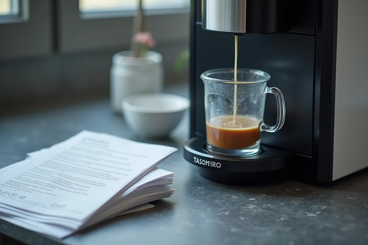 Gros plan sur le réservoir d'eau d'une Tassimo Bosch avec solution détartrante et accessoires d'entretien posés sur un plan de travail en pierre