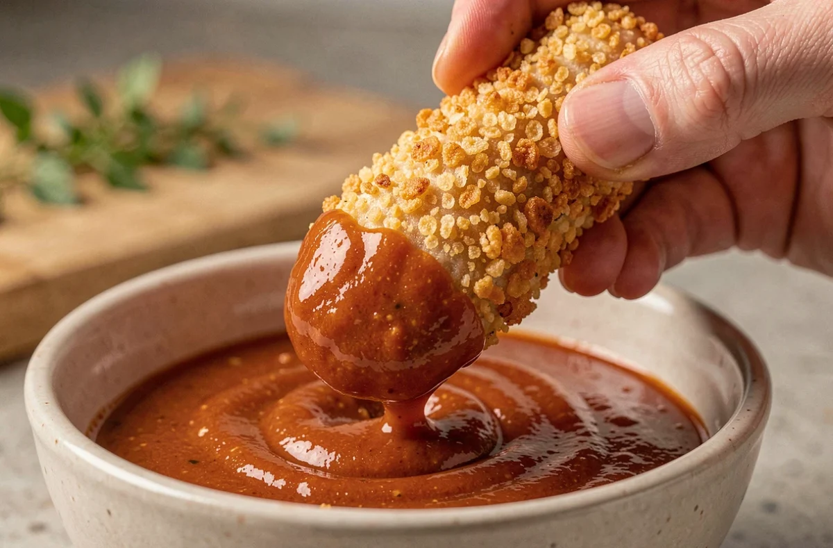Gros plan d'un tender de poulet croustillant trempé dans une sauce barbecue crémeuse tenu à la main, texture dorée visible en détail