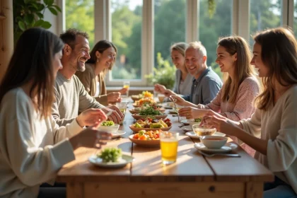 Groupe d'adultes autour d'une table printanière conviviale