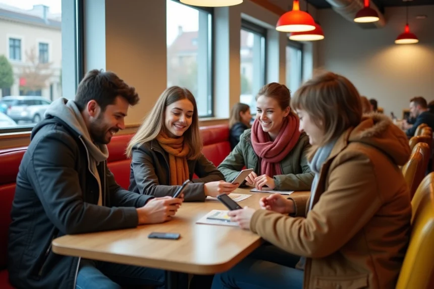 Etudiants souriants autour d'une table en restauration moderne