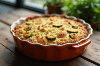 Gâteau courgette croustillant dans un plat en céramique rustique