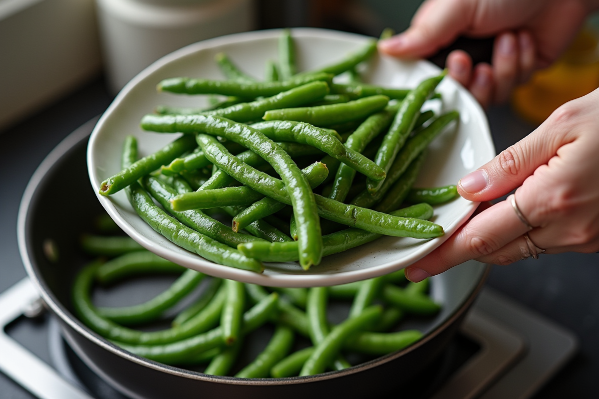 Haricots verts cuits servis sur une assiette blanche