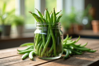 Haricots verts frais dans un bocal sur une table en bois