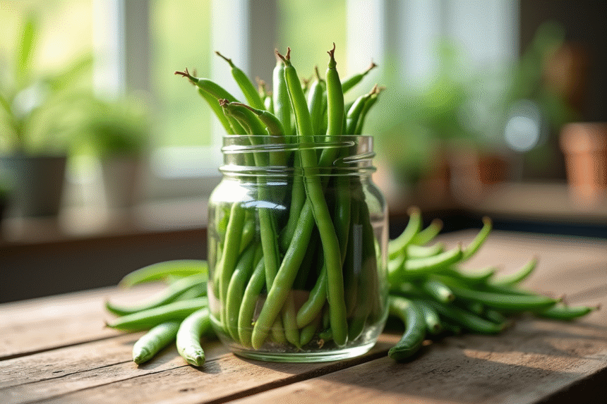 Haricots verts frais dans un bocal sur une table en bois