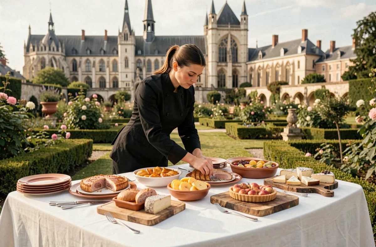 Buffet de plats normands dressé en plein air à Rouen par Hauville Traiteur avec terrine de canard, tarte aux pommes et fromages
