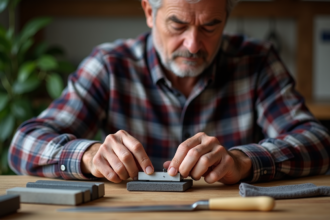 Homme d'âge moyen vérifiant un guide d'affûtage de couteau