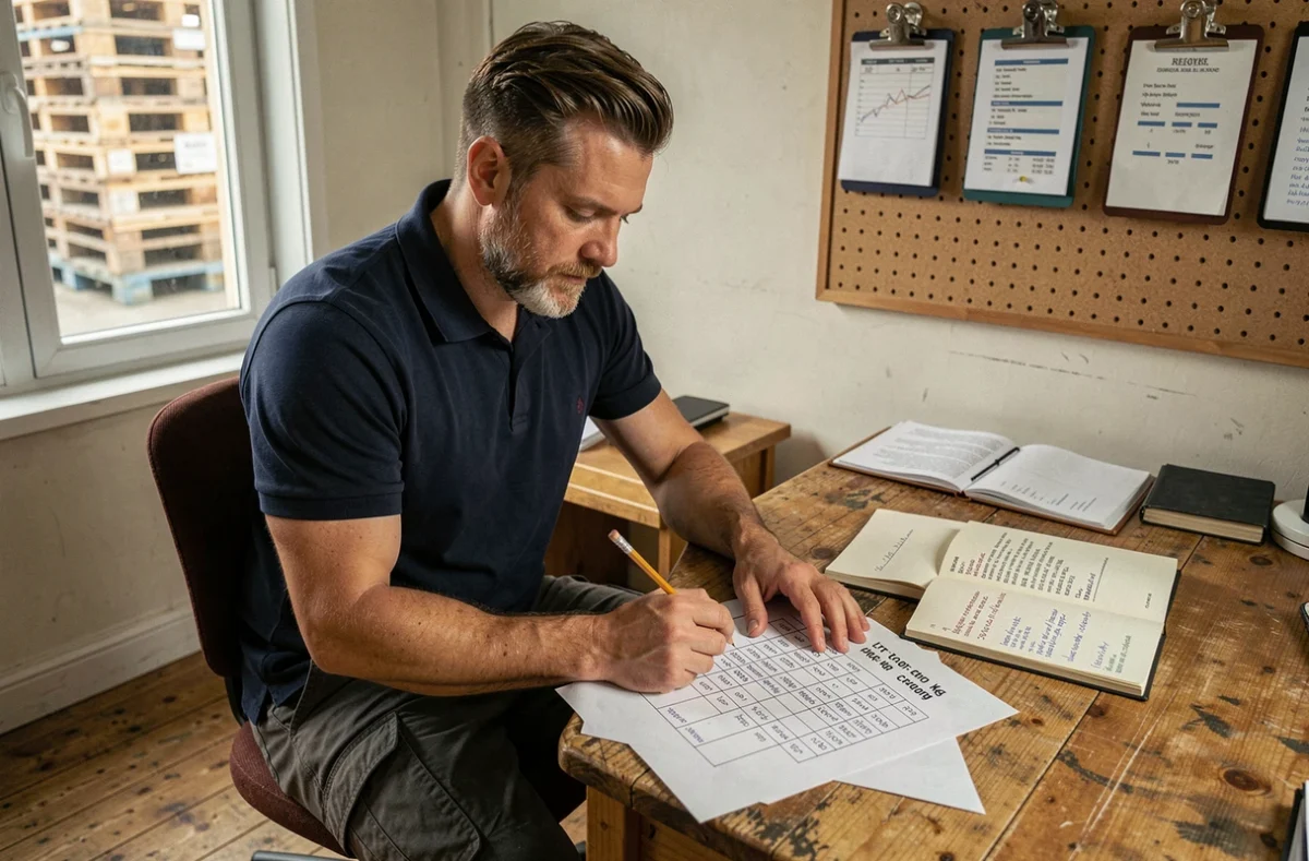 Homme d'entrepôt annotatant un tableau ltr kg imprimé pour adapter les valeurs à un produit spécifique