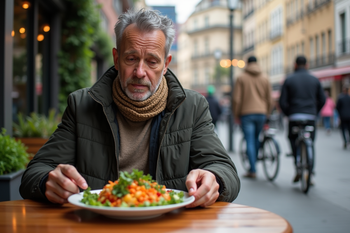 Homme au café dégustant un plat végétal en ville