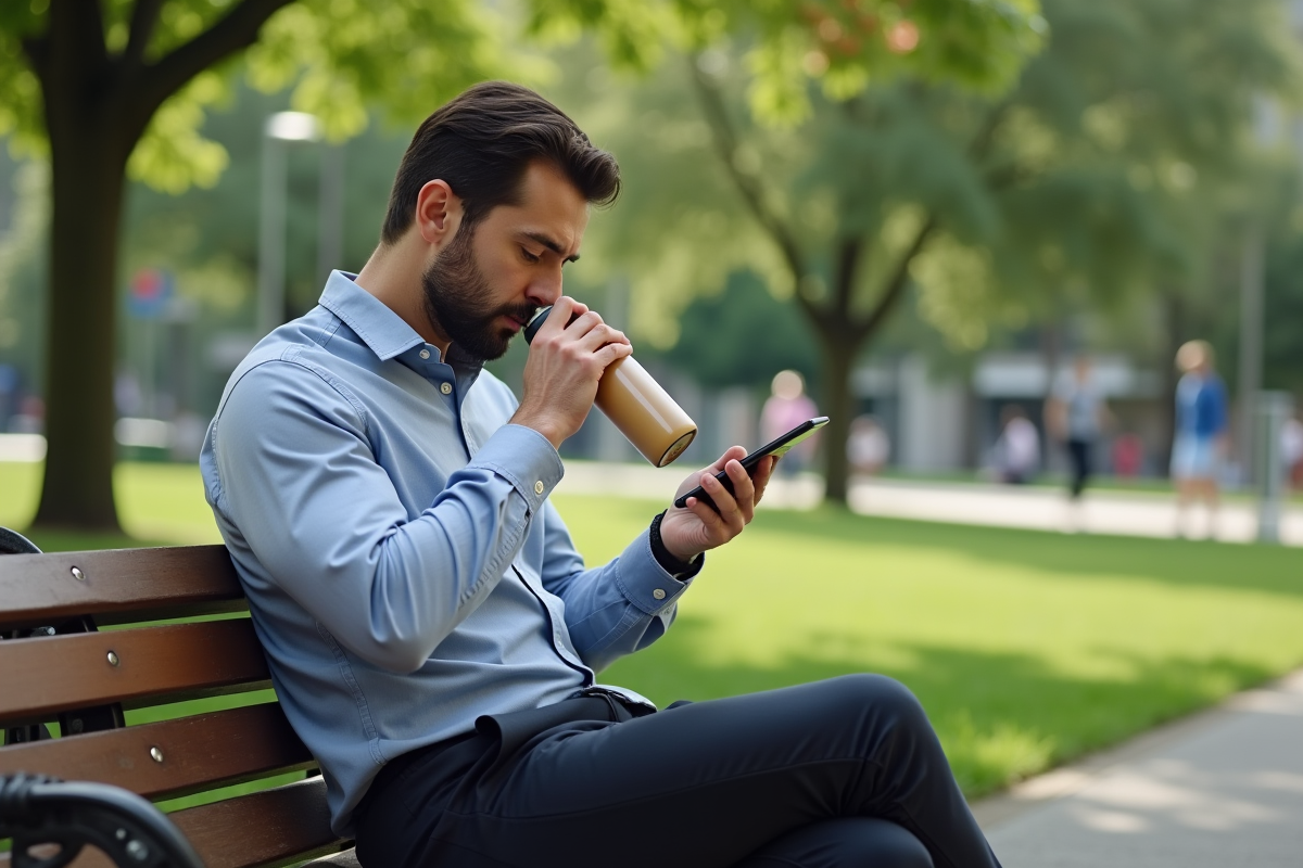 Homme buvant un shake en plein air dans un parc urbain