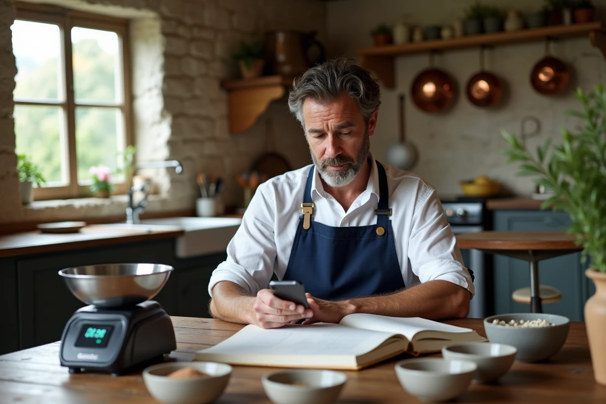 Homme utilisant une application de conversion de mesures culinaires à une table de cuisine rustique avec balance et livre de recettes