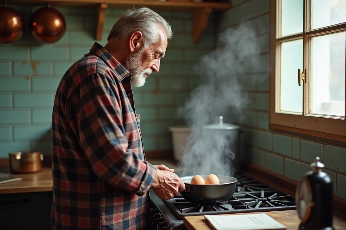 Homme âgé surveillant la cuisson d'œufs durs dans une casserole d'eau froide sur une cuisinière à gaz vintage