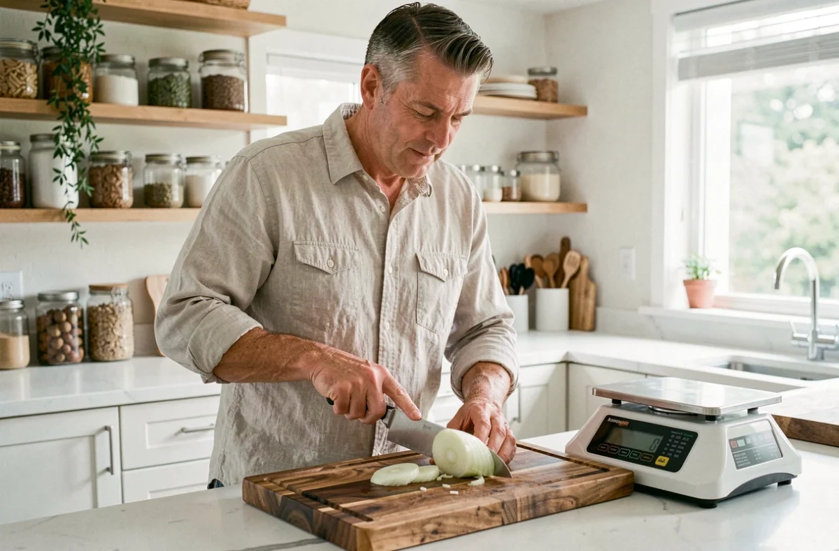 Homme découpant un gros oignon épluché en cuisine avec une balance numérique indiquant le poids exact