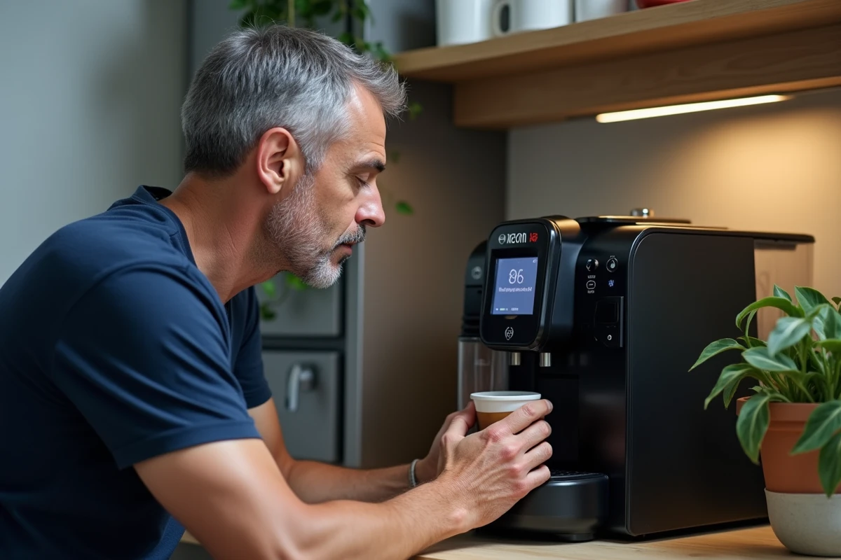 Homme vérifiant le panneau de contrôle d'une machine Tassimo Bosch en cycle de détartrage dans une kitchenette de bureau moderne