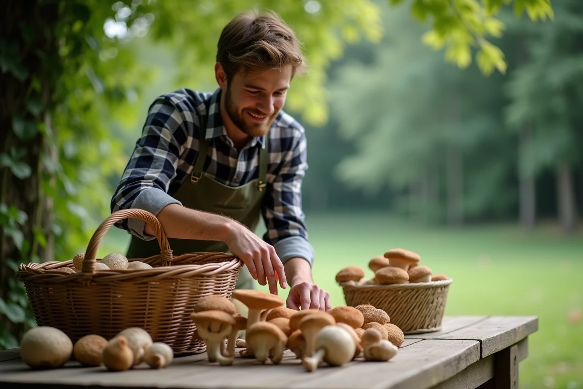 Jeune homme récoltant des champignons dans la nature