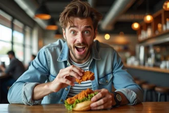 Homme dégustant un sandwich au poulet croustillant dans un restaurant moderne