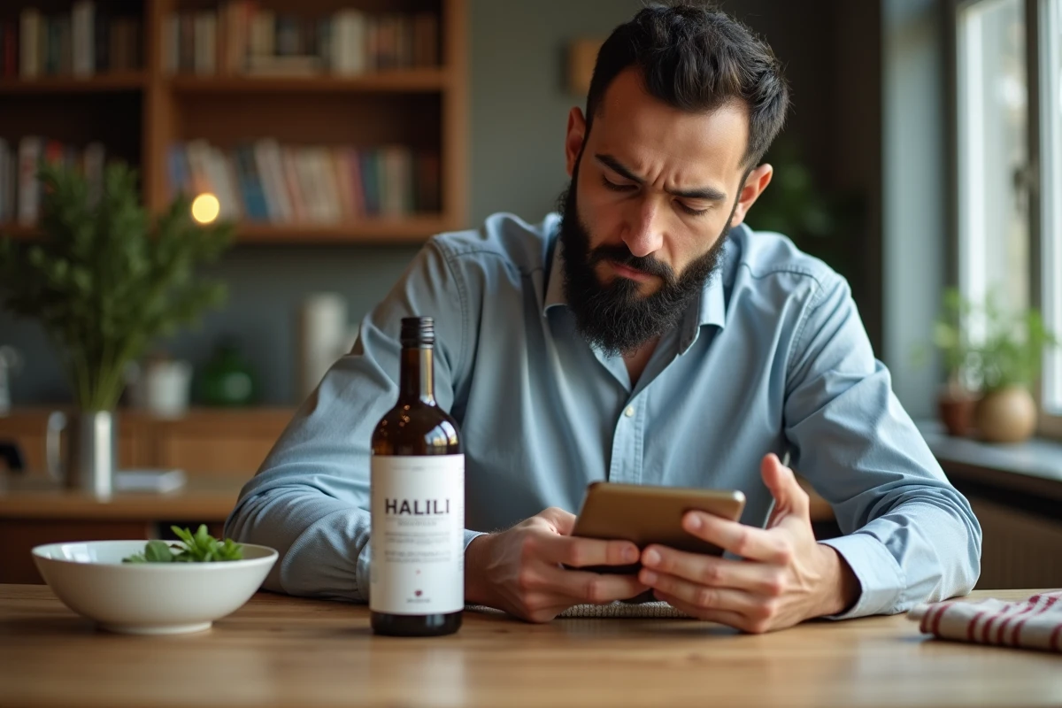 Homme musulman lisant la bouteille de vinaigre halal à table