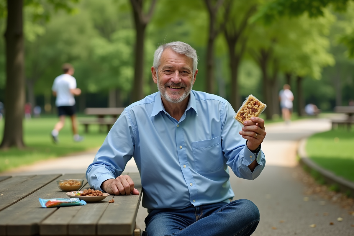 Homme dégustant une collation saine dans un parc verdoyant
