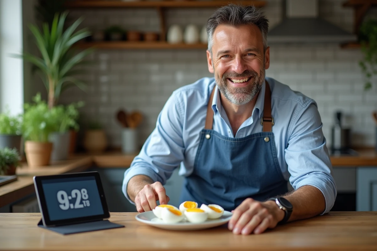Homme souriant présentant des œufs mollets dans la cuisine rustique