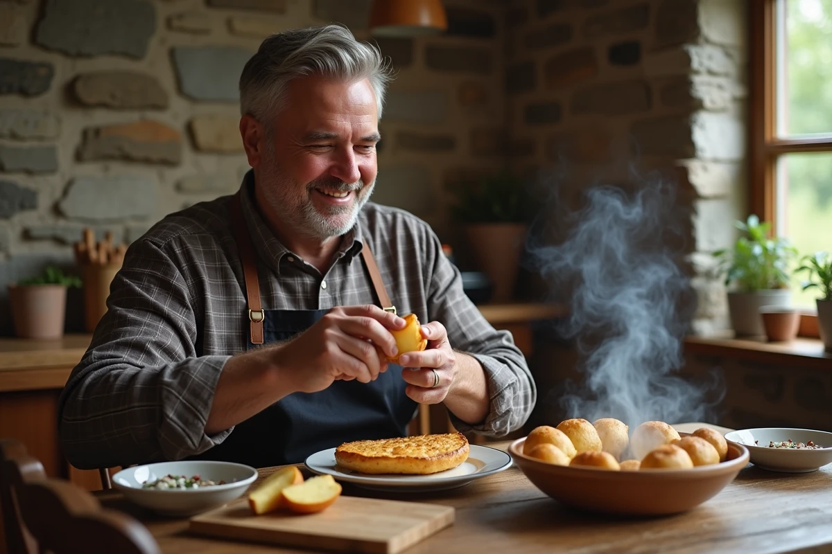 Homme dégustant une pomme de terre cuite dans un cadre rustique