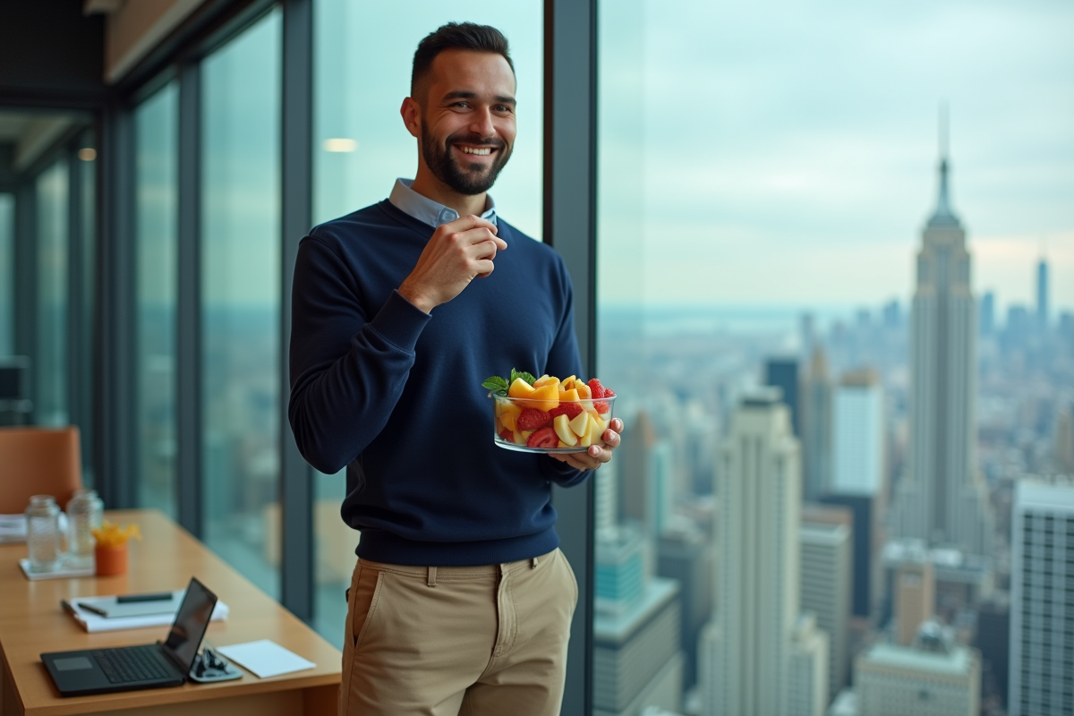 Jeune homme professionnel tenant un bol de fruits au bureau