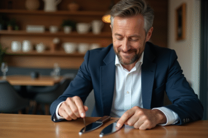 Homme en chemise blanche examine trois couteaux à steak