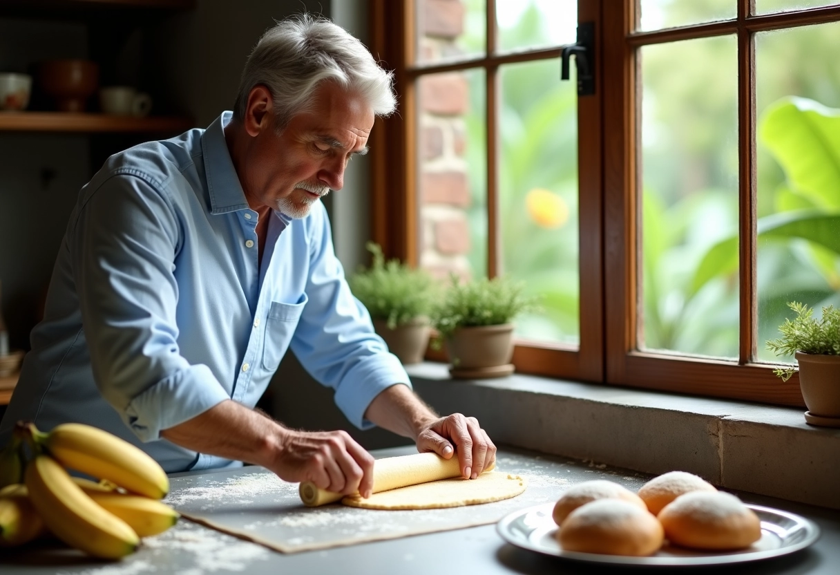 Homme façonnant la pâte à banane dans la cuisine