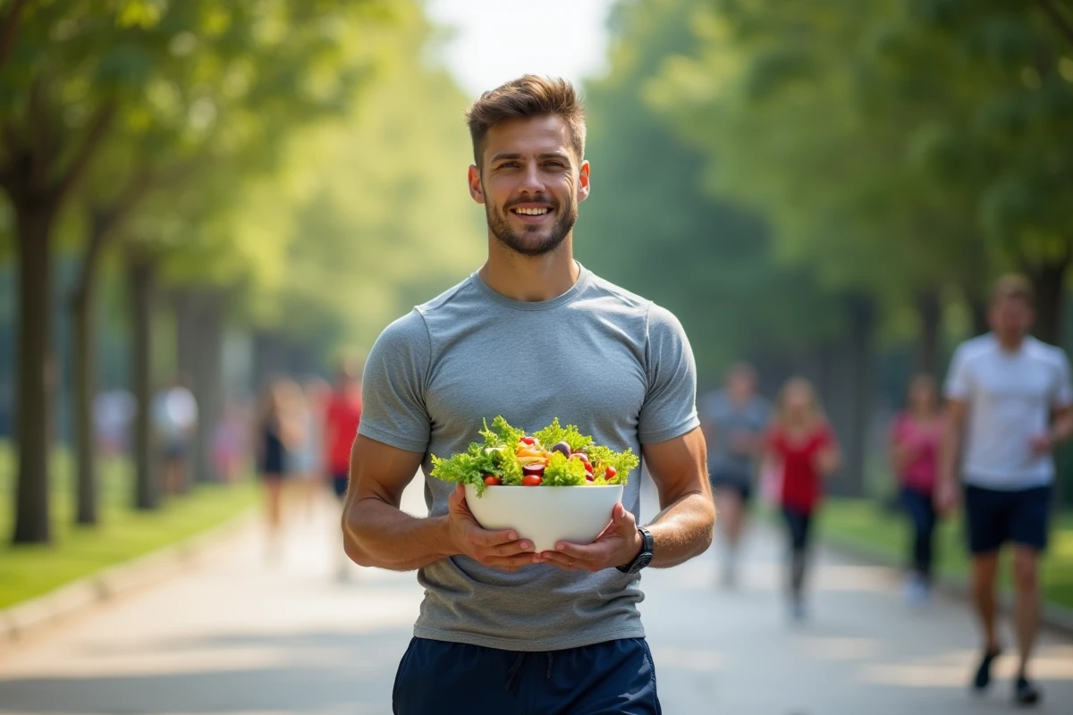 Jeune homme en plein air avec salade dans un parc urbain