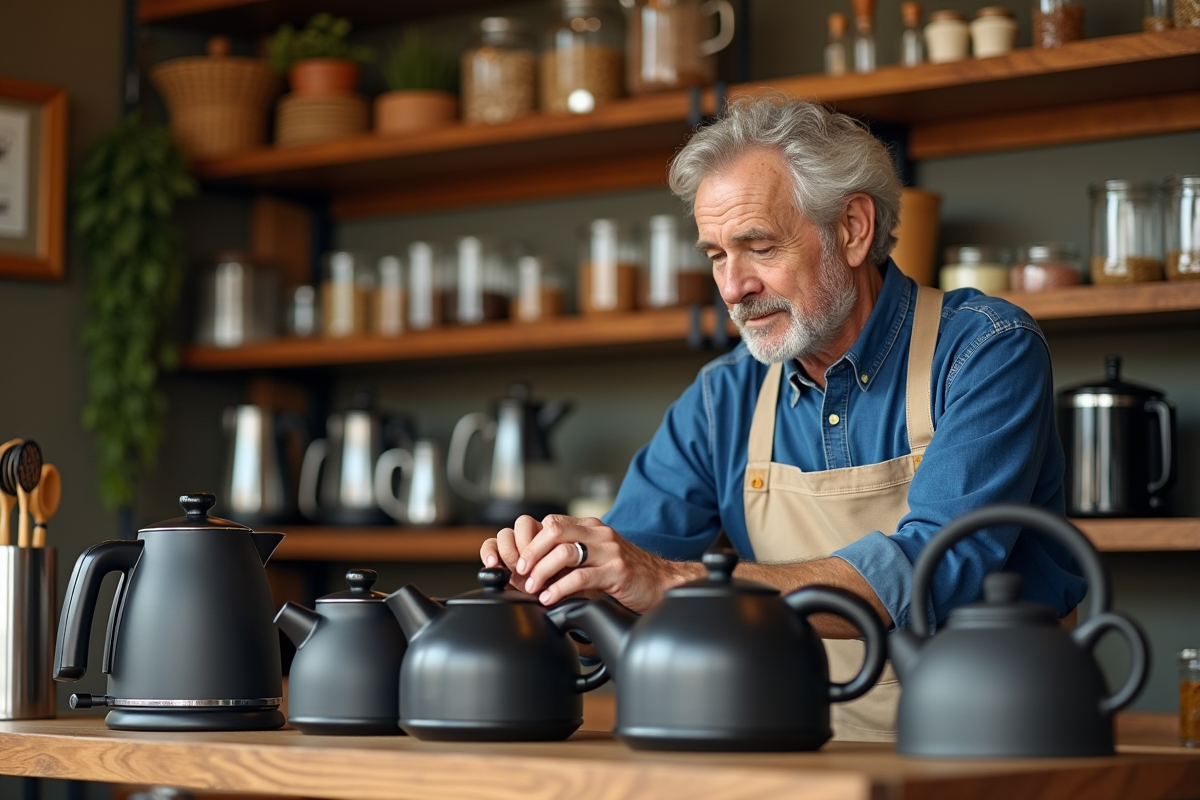 Homme âgé choisissant une bouilloire dans un magasin de cuisine