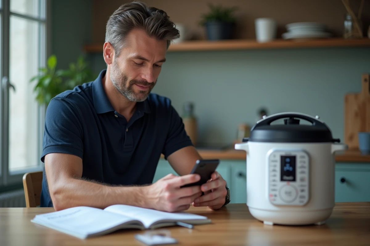 Homme cherchant le service client Moulinex sur smartphone à côté d'un Cookeo en erreur