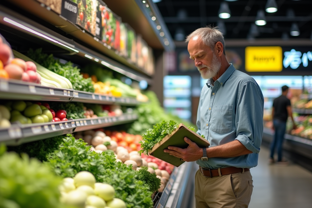 Homme regardant des légumes en rayon de supermarché