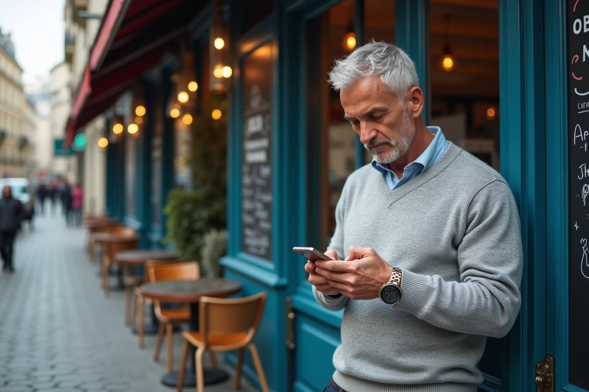 Homme vérifiant son téléphone devant un café parisien