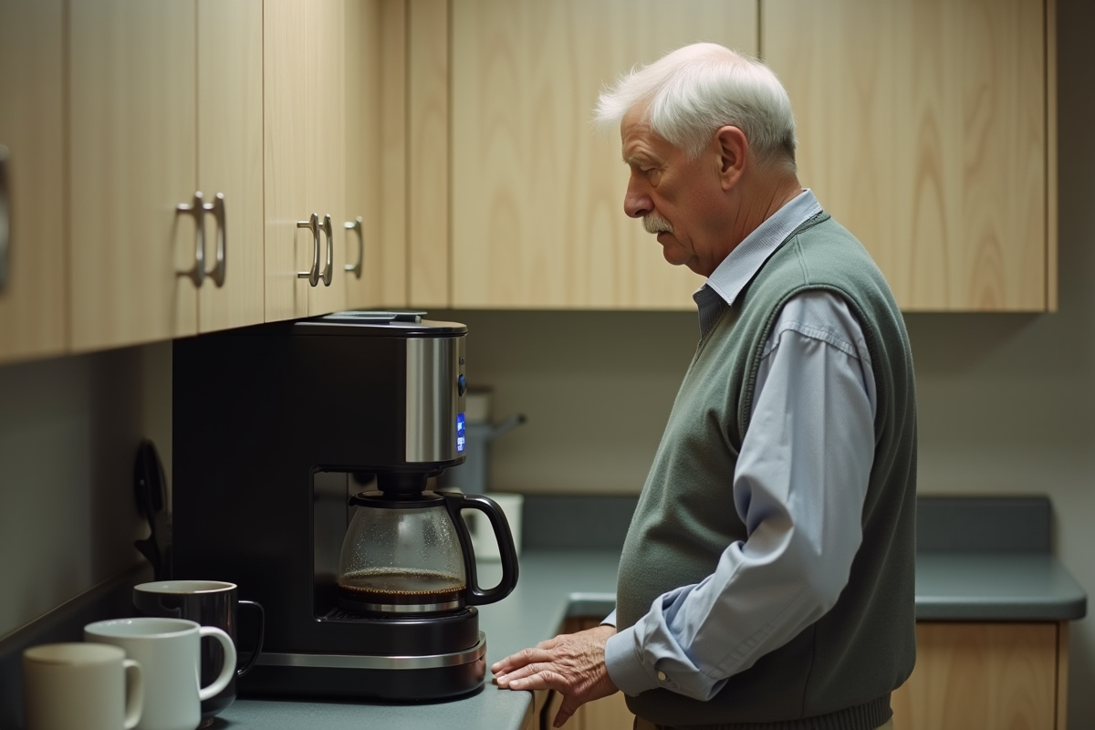 Homme âgé dans un bureau avec café froid