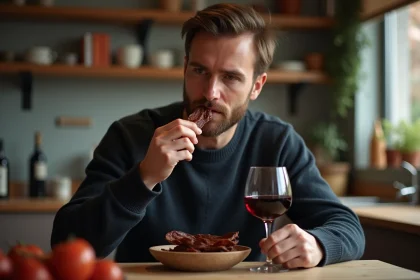 Homme dégustant du jerky avec verre de vin en cuisine chaleureuse