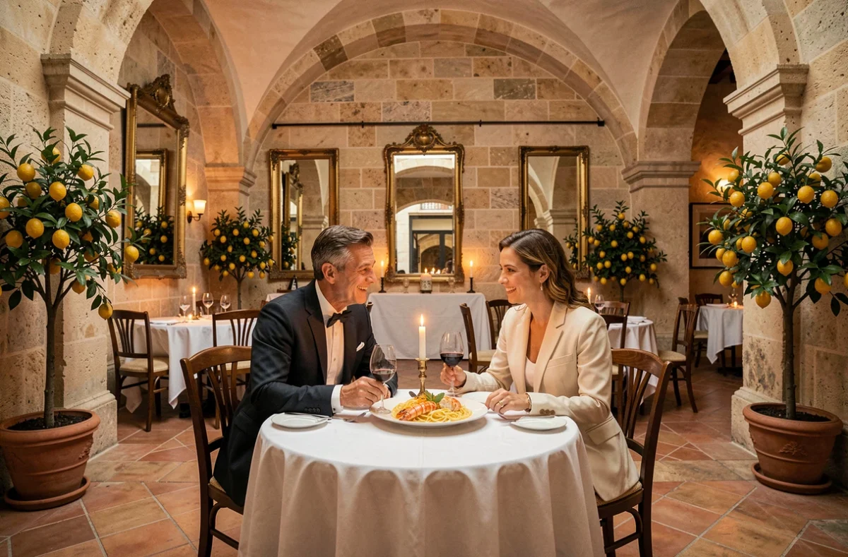 Un couple élégant dîne dans la salle voûtée en pierre d'Il Cortile à Mulhouse, savourant des tagliolini au homard dans un cadre raffiné aux allures de palazzo sicilien