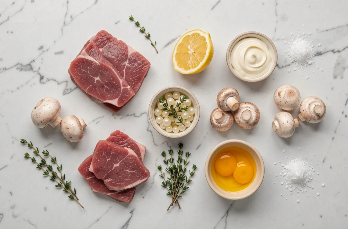 Ingrédients de la blanquette de veau disposés sur un plan de travail en marbre blanc : veau cru, champignons, oignons grelots, crème fraîche et bouquet garni