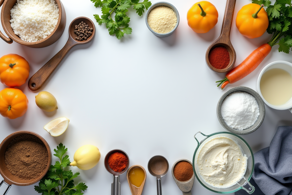 Ingrédients et ustensiles de cuisine en disposition claire