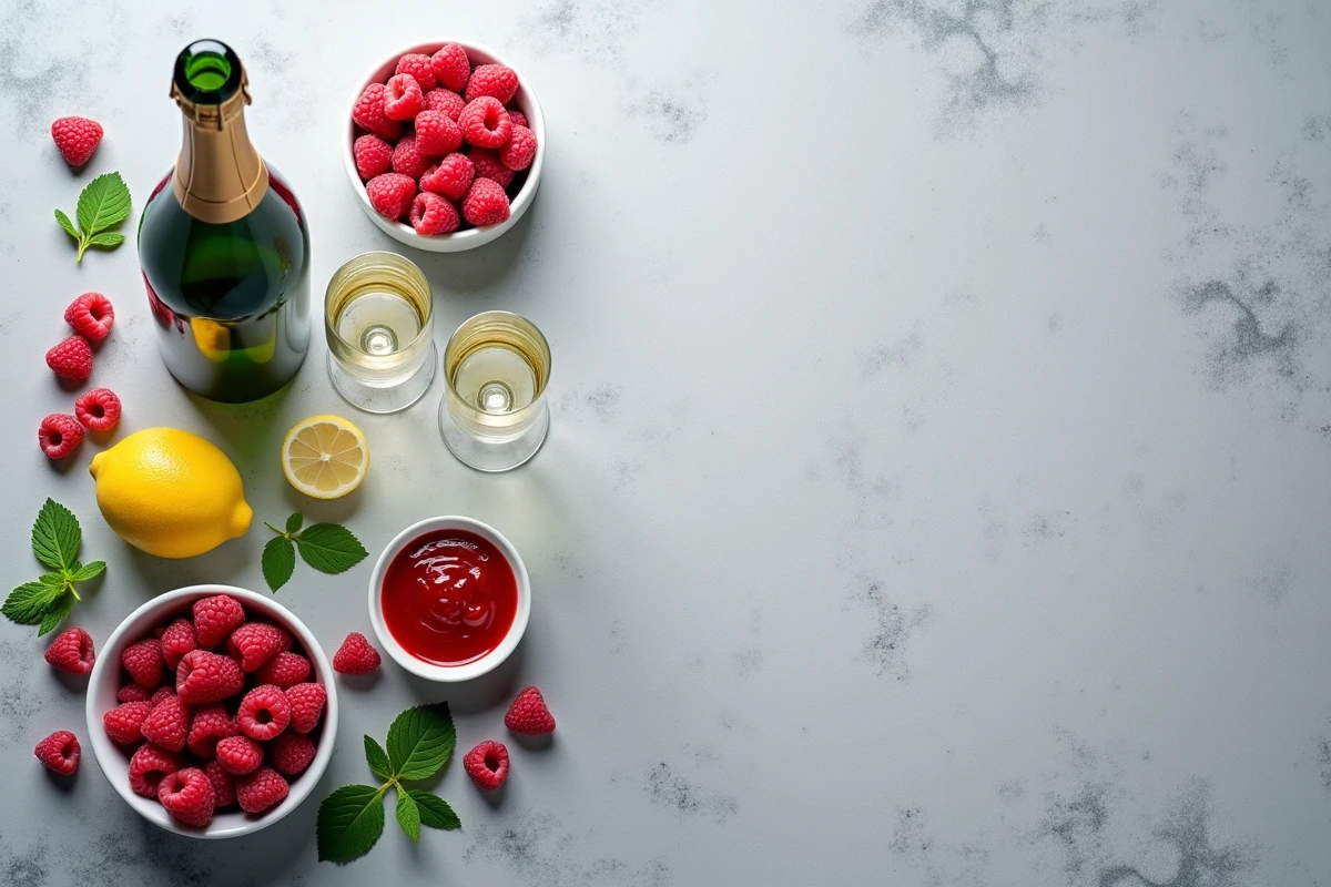 Vue de dessus des ingrédients pour la soupe champagne à la framboise : champagne, framboises et coulis sur ardoise